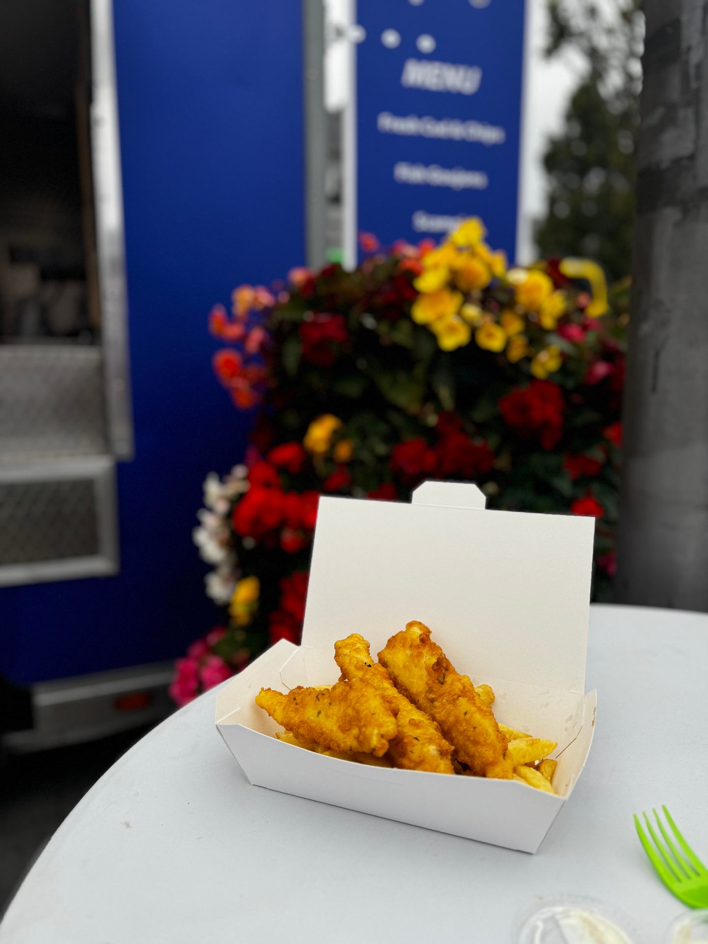 Freshly fried fish goujons and chips served from Ryan's food truck